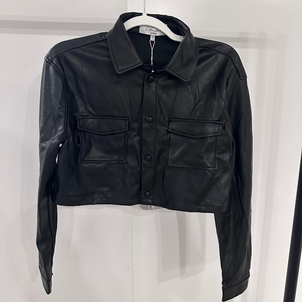 L’Academie Fearless Black Faux Leather Cropped Shirt Jacket